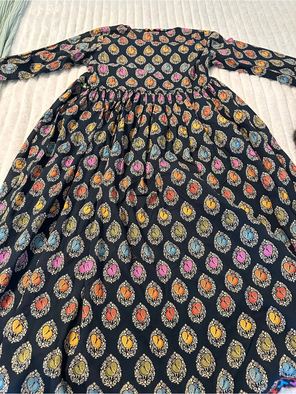 Rang Ja Black Printed Long-Sleeve Pakistani Wrap-Style A-Line Kurta/Dress